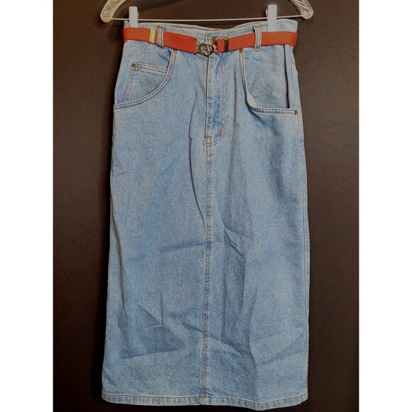Vintage Denim Skirt Long Below Knee Red Belt Trend Basics Small Cotton - Picture 1 of 10